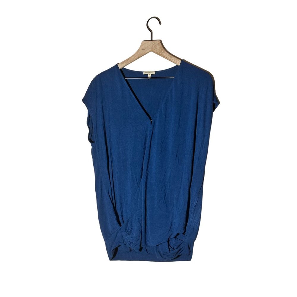 ANTHROPOLOGIE BORDEAUX DRAPED FRONT GRECIAN BLUE BANDED HEM TOP SIZE LARGE